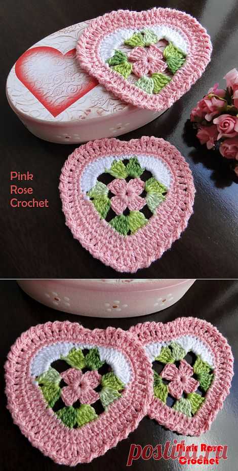 \ PINK ROSE CROCHET /: Centrinho Coaster Coração Granny Square Rosa e Branco