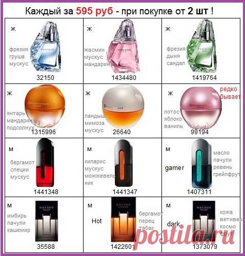 🌼🌸🔥 Парфюмерия со склада производителя Avon. 

🔥🌸🌼 Со скидкой! По акции: каждый аромат всего по 
595 руб - при покупке от 2шт и только до 30 января. 

🌼🌸🔥 Ноты ароматов, коды для заказа - всё на картинке. Шикарная акция на женские и мужские ароматы! Успейте воспользоваться. 

🔥🌸🌼 Стол заказов: 8908-046-52-89 или пишите заказ здесь. 

🌼🌸🔥 Всё акции, скидки, наборы Эйвон на нашем сайте - https://avon-lubov.ru

#avonsait #парфюмерияэйвон #парфюмсосклада #духисоскидкой #духисосклада #