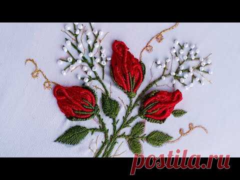 67- Hand embroidery rose buds| Brazilian embroidery|No sound