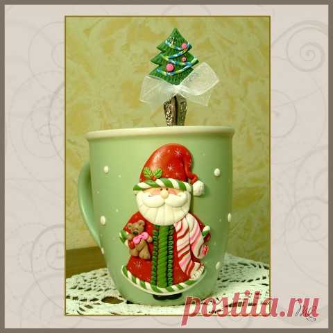 Чашка и ложка чайная с декором из полимерной глины 