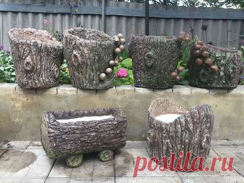 Декоративный горшок-пенёк из яичных лотков и цемента | DIY Cement Pots Shaped Like A Tree Stump