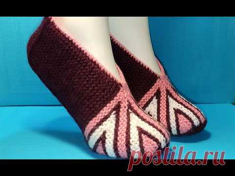 #419 ШИКАРНЫЕ ТАПОЧКИ СПИЦАМИ ЧАСТИЧНЫМ ВЯЗАНИЕМ. МАСТЕР КЛАСС.  Knitted slippers. Master  class