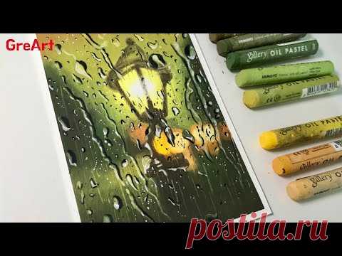 Drawing a Rainy Night with an Oil Pastel 오일파스텔로 비오는 밤 전등 그리기