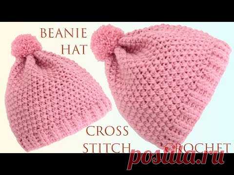 Gorro fácil a crochet para principiantes imitación punto cruz bordado a mano