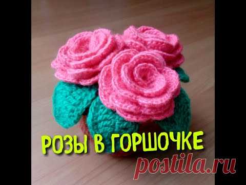 МК Розы в горшочке / Подарок на 8 марта / Вяжем крючком