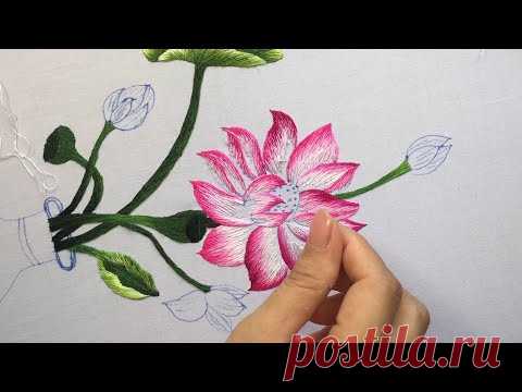 Hand Embroidery Art -  Hand Embroidered a Vase of LOTUS