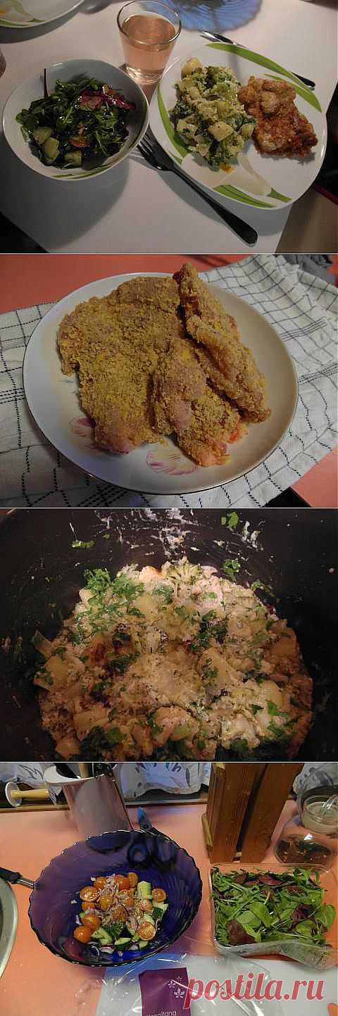 ужин за 50 минут: Шницель куриный, сотэ из картофеля и брокколи и салат-микс с черри и огурцом | 4vkusa.ru