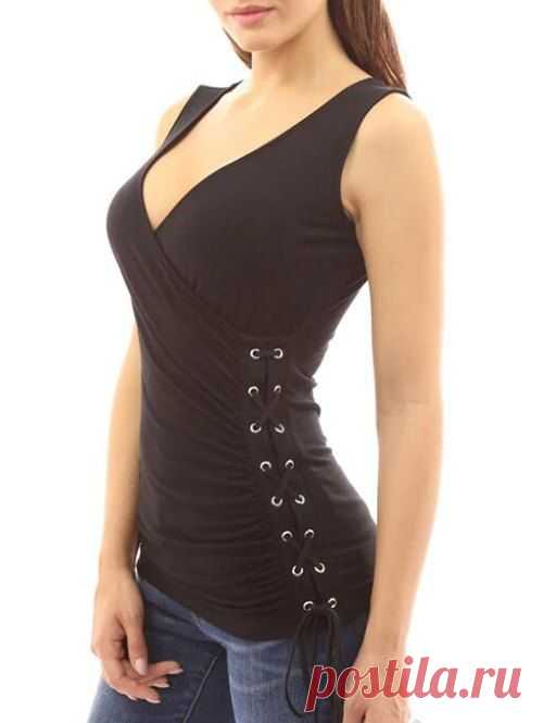 [56% OFF] 2020 Plunging Neck Lace Up Plain Tank Top In COFFEE | DressLily