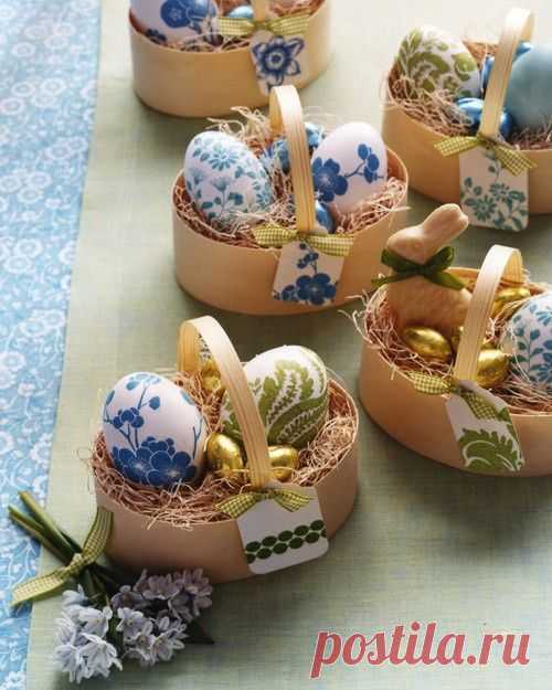 Цветочный декупаж и оформление яиц в корзинках