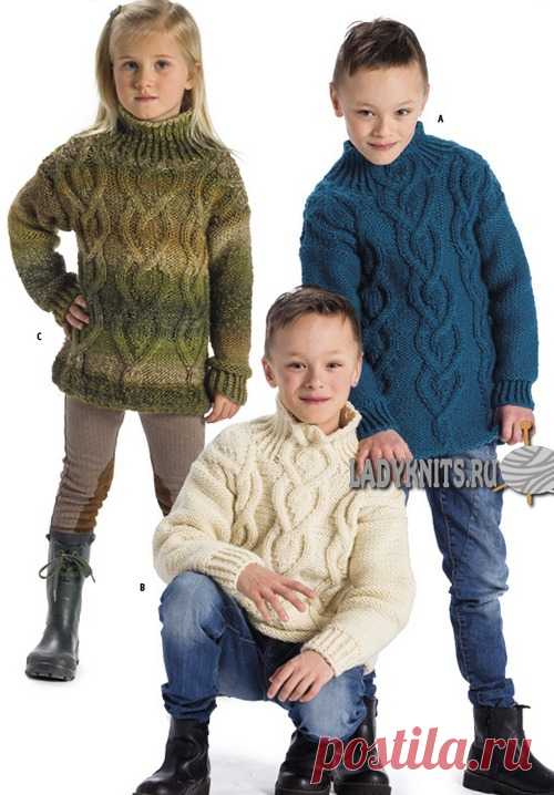 Теплый свитер с косами спицами для ребенка от 2 до 14 лет
