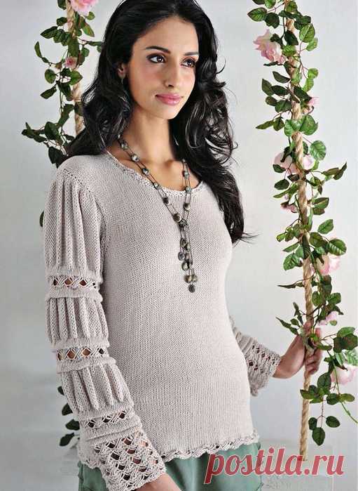 Вязание для женщин. Серый пуловер с красивыми рукавами + описание на русском языке