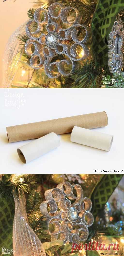 Снежинки из картонных рулончиков для украшения новогодней елки. =)