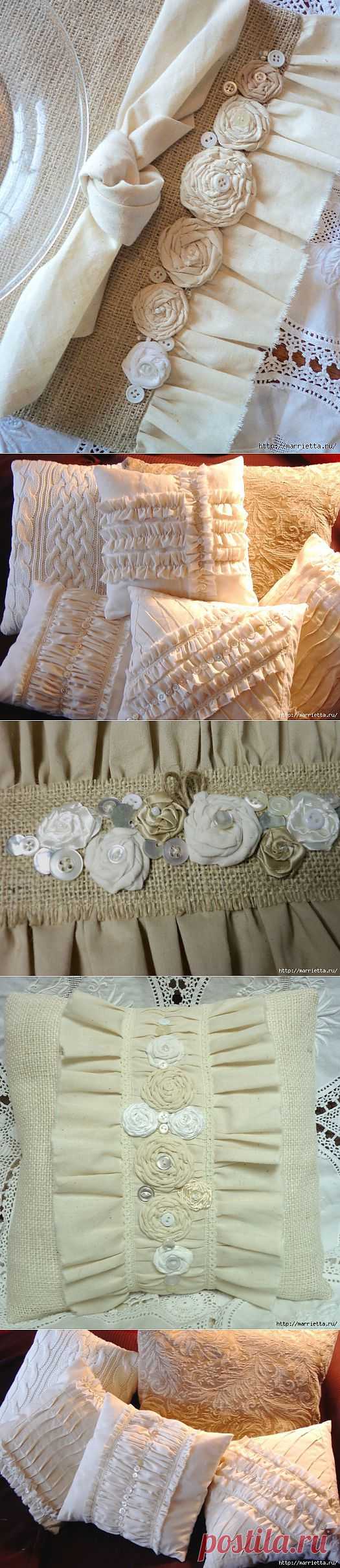 Подушки и салфетки из мешковины, бязи и цветов, в стиле шебби шик.
