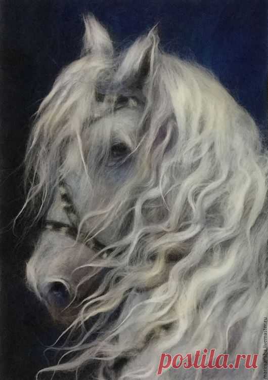 Купить Картина из шерсти Белый конь - белый, картина из шерсти, живопись шерстью, Живопись
