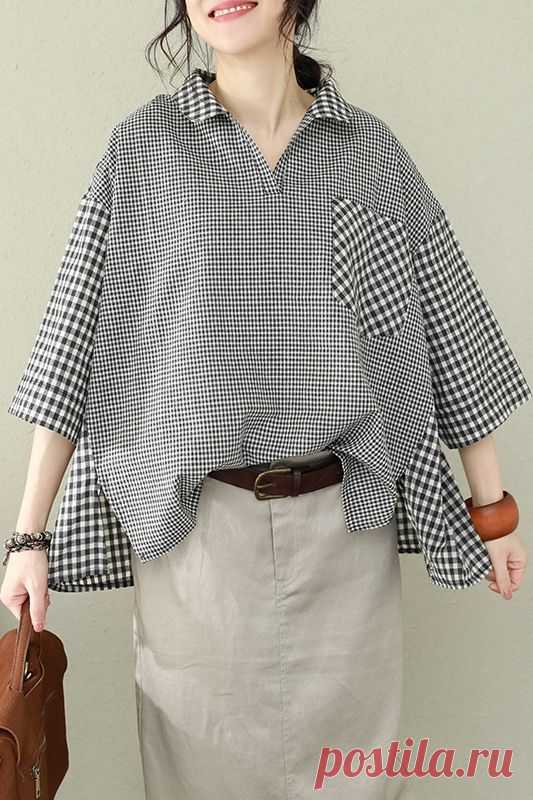 Women Loose Black Plaid Linen Shirt Summer Casual Blouse Q2676