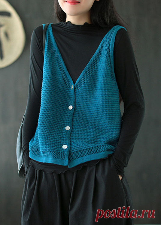 Plus Size Blue V Neck Button Fall Knit Vest – SooLinen