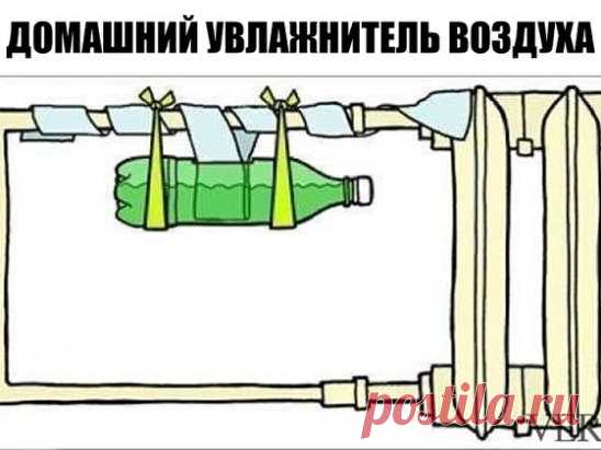 Домашний увлажнитель воздуха
1) В боку пластиковой бутылки прорезать отверстие размером примерно 5х10см.
2) Подвесить ее отверстием вверх на горизонтальной трубе батареи, используя тесемки из ткани.
3) Тесемки закрепить на бутылке скотчем, чтобы она не ускользнула.
4) Марлю сложить в несколько слоев в виде прямоугольника шириной 10см и длиной около метра.
5) В прорезь бутылки опустить один конец фитиля, а остальное намотать на горячую трубу батареи. Лучше сделать два таких фитиля.
6) Залить в б