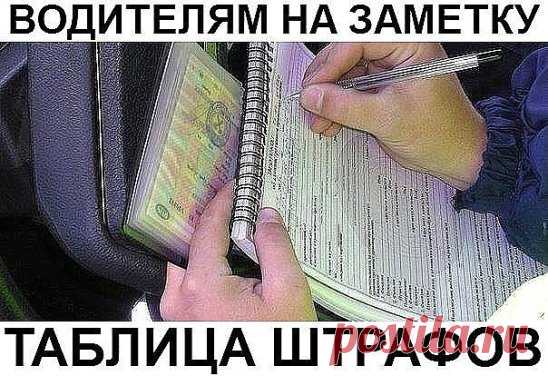 ВОДИТЕЛЯМ НА ЗАМЕТКУ: ТАБЛИЦА ШТРАФОВ. 
Забирай на стенку, чтобы не забыть! 
— 12.3 ч. 1. Езда без документов на право управления автомобилем или без регистрационных документов: 500 руб. 
— 12.3 ч. 2. Езда без полиса ОСАГО: 500 руб. 
— 12.3 ч. 3. Передача управления автомобилем лицу, у которого нет документов на управление машиной: 3 000 руб. 
— 12.4 ч. 1. Установка на передней части машины световых приборов с огнями красного цвета или световозвращающих приспособлений крас...