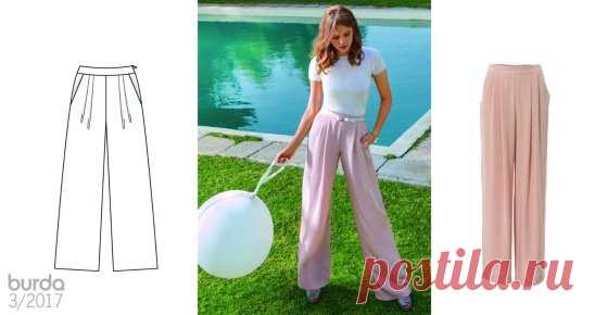Брюки палаццо, Burda 3/2017, выкройка №: 115 A - https://okl.lt/6iMp4
Тем, кто влюблен в брюки, наверняка придется по душе струящаяся модель палаццо на фасонном поясе, со складками у пояса и боковыми карманами.
Разм. 36-44
ам потребуется: Крепдешин 2,30 м шириной 140 см для всех размеров; флизелин G 785; 1 потайная застежка-молния длиной 22 см и специальная лапка швейной машины для ее притачивания.
Рекомендуемые ткани: мягко драпирующиеся брючные ткани.
#выкройки