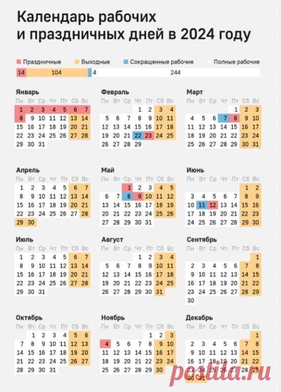 Календарь праздничных и рабочих дней на 2024 год