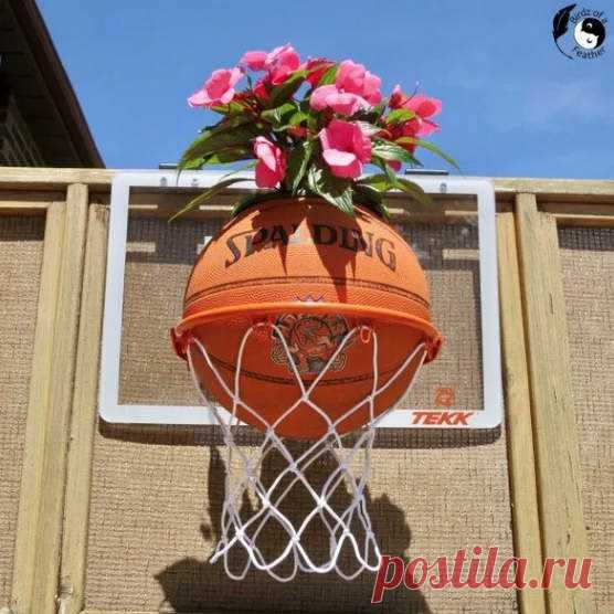 Когда надоело играть в баскетбол.   Из старого мяча и и корзины можно сделать оригинальное дачное кашпо для цветов!
