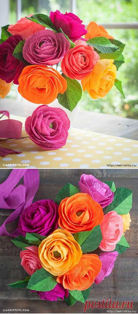 Радужные розы из итальянской гофрированной бумаги.