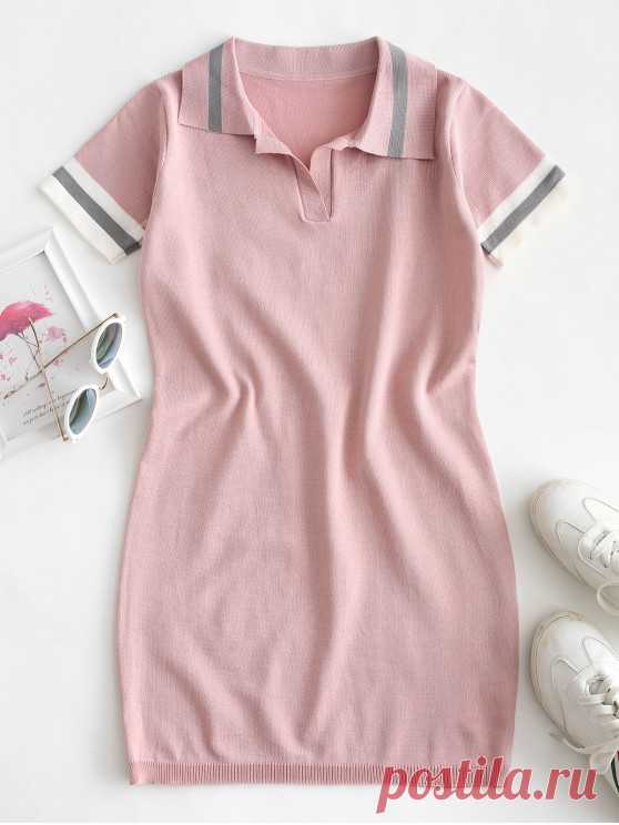Knitted Stripes Panel Bodycon Dress   PINK [24% OFF] [HOT] 2020 Knitted Stripes Panel Bodycon Dress In PINK | ZAFUL    Made with the cozy, stretchy knit texture to wrap you in softness and a panel of the striped pattern for a classic preppy look, this mini dress is a perfect off-duty choice for daily wear or happy hour. Style: Brief Occasion: Casual  Material: Cotton,Spandex Silhouette: Bodycon Dresses Length: Mini Collar-line: Turn-down Collar Sleeves Length: Short Sleeve...