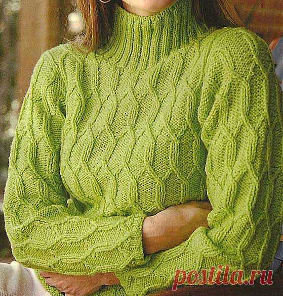 Вяжем на спицах женский пуловер цвета лайма