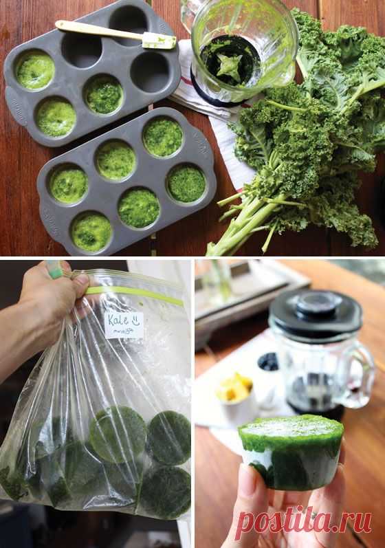 (65) freeze greens for smoothie - puree with a little water, use muffin tins (I used ice cube tray each cube is 1/8 c). Now I will buy the big bags of g…