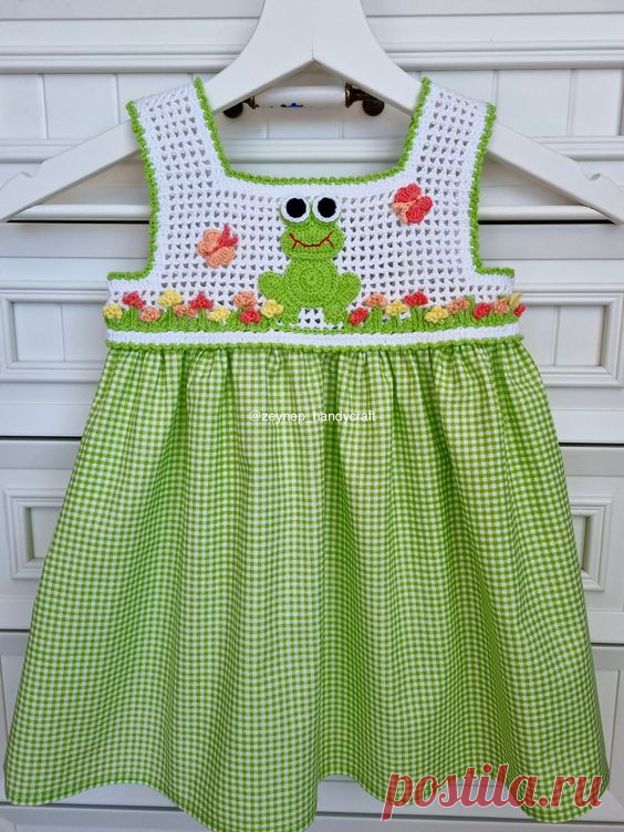 Crochet animal motif green baby girl dress. Very easy explanation with inch and cm measurements for 6 months old and 1,2,3,4,5,6 years old.