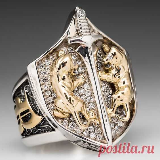 Proclamation Jewelry Custom Made Mens Diamond Lion Shield Ring .925 Sterling & 18K Gold