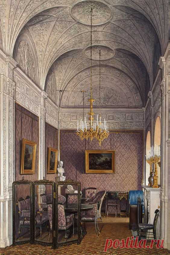 Watercolor of the Boudoir of Empress Alexandra Fyodorovna, painted by Edward Petrovich Hau (1807-1887), a Russian painter who specialized in detailed (almost photographically so) renditions of palace rooms - a documentation of how the 1% in 19th century Russia lived.  |  Pinterest • Всемирный каталог идей