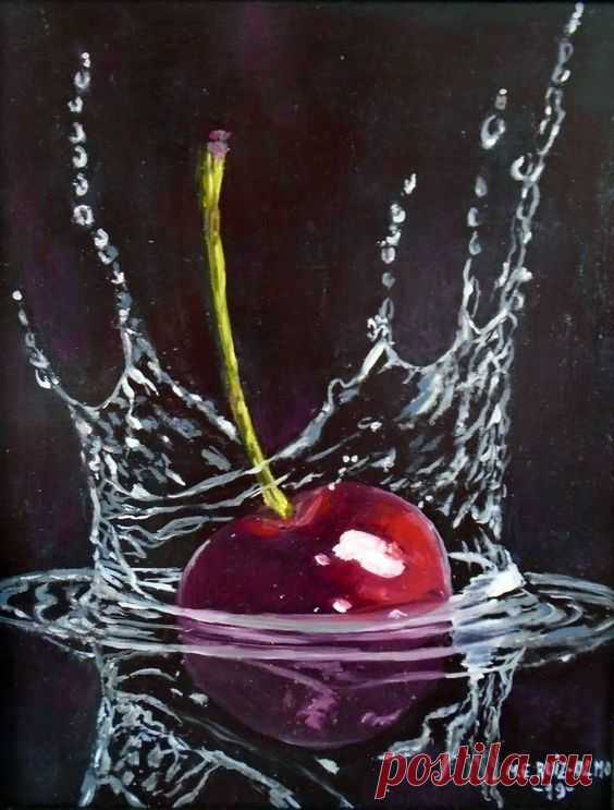 Original Art Oil/Acrylic Painting, measuring: 34W x 30H x 1D cm, by: Esperanza Ruiz-olmo (Spain). Styles: Realism. Subject: Food. Keywords: Cherry, Simple, Explosion, Expressive, Glass, Droplets…