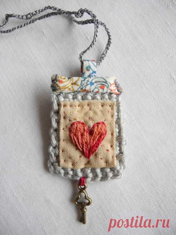 Embroidered heart, crochet, liberty fabric, necklace