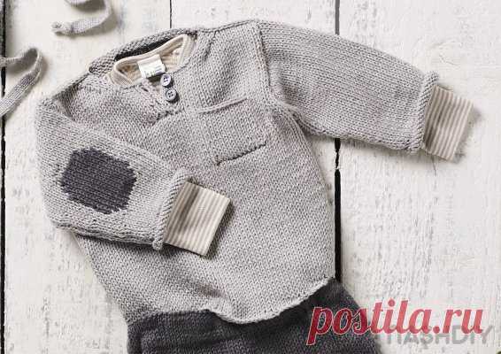 Вязаный пуловер с заплатками спицами для малышей