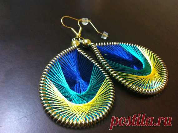 Peacock Feather- Blue, Teal and Yellow Thread Woven Earrings. String Earrings. Peruvian Thread String Earrings Dark Navy, Jade and Citrus silky threads hand woven on non-tarnish gold frames.  3 choices in length: Petite 1.5 , 2 Small, 2.5 Medium  We love custom orders. Send a message with your custom colors or length and we can create your own unique pair!  Available in Gold or Silver frames,