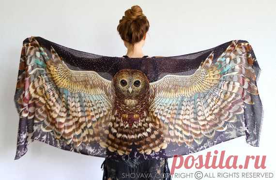 Night Owl art scarf, dark version, Hand painted printed Owl Wings, stunning…