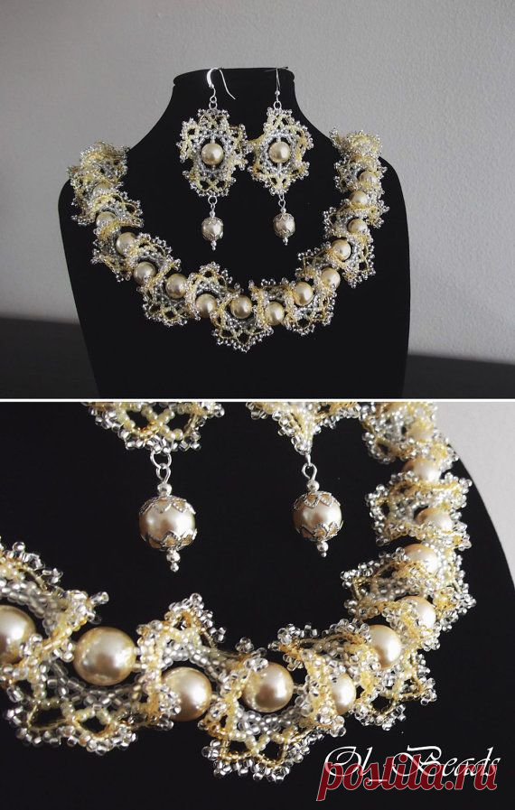 Seed Bead Necklace and Earrings, Ogalala Lace Necklace, Beaded Ruffle Necklace, Wedding Jewelry.