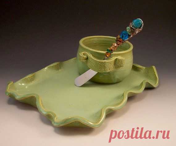 Pottery Dip Cup with Jeweled Spreader and Matching Cheese Tray in French Country…