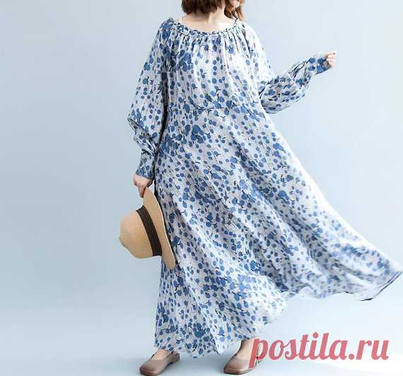 Blue dress Maxi Linen dress cotton long dress Loose Fitting