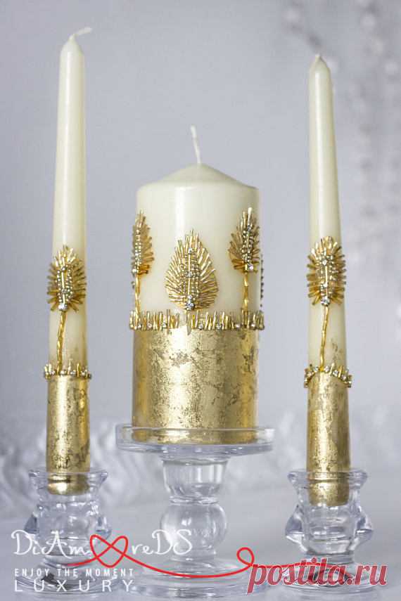 Wedding Unity Candle, Personalized Wedding Candle, Gold Unity Candle Set, Unity Ceremony, Modern Pillar Candle Ceremony Candles Wedding Gift Gold luxury wedding unity candle set decorated with gold beads and crystals. If you want to add a note of creativity to your wedding ceremony – be sure, these unity candles will perfectly underline the general style of your wedding!  Exclusive products from DiAmoreDS are perfect for your special day, or as a unique gift for an anniver...