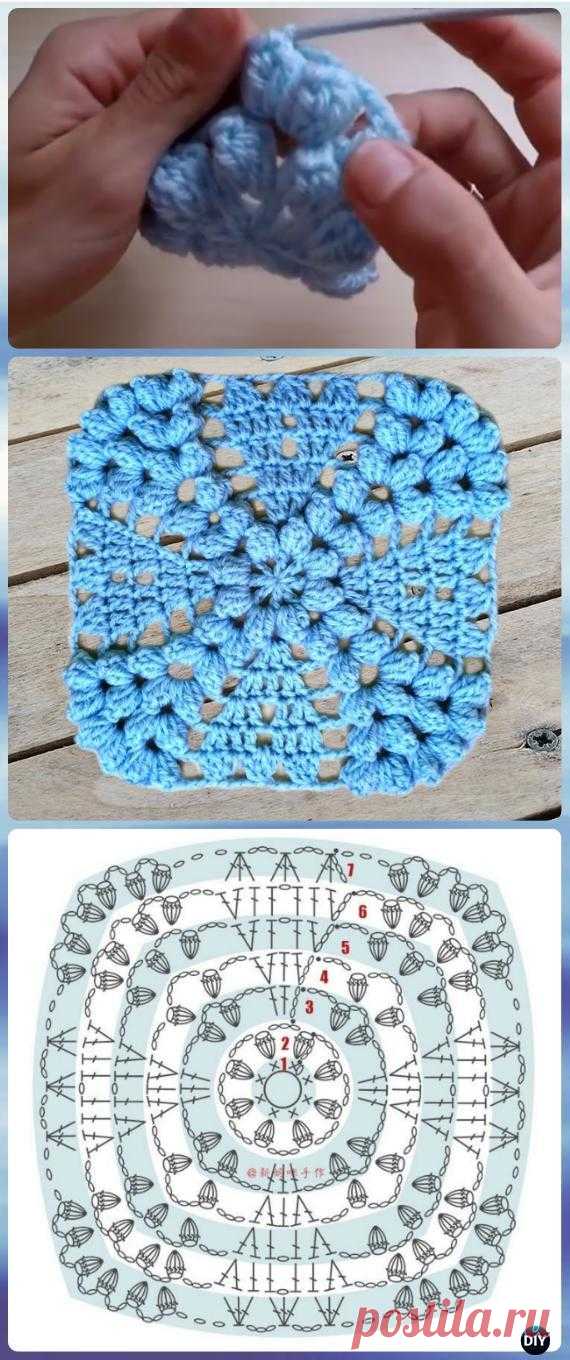 Crochet Pearl Flower Popcorn Square Motif Free Patterns