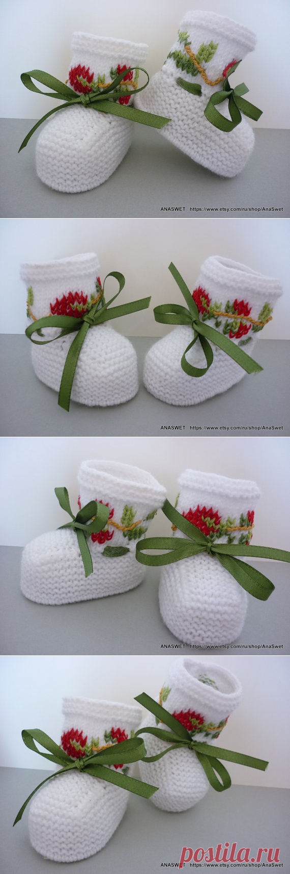 Knitted baby booties/slippers/shoes in white with embroidery