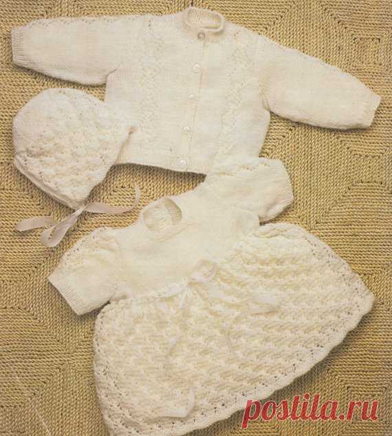 baby knitting pattern vintage cardigan bonnet and dress in sizes 12 14 16 18 20 inches 4 ply This item is a PDF file of the knitting pattern for these gorgeous baby items.  A lacy dress, cardigan and bonnet, so pretty.  The pattern will be available for download upon receipt of payment, for you to print out or read from your computer.  These lovely items are knit in 4 ply yarn. You need 3.25mm and 2.75mm needles.  Traditional and beautiful.