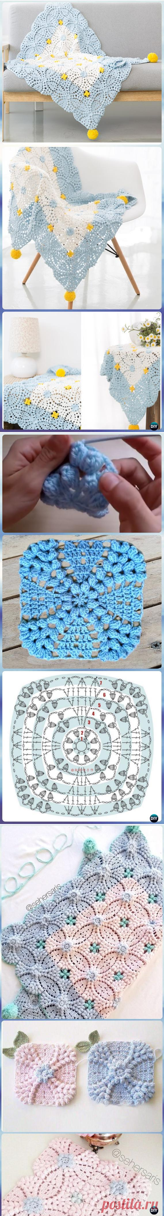 Crochet Pearl Flower Popcorn Square Motif Free Patterns