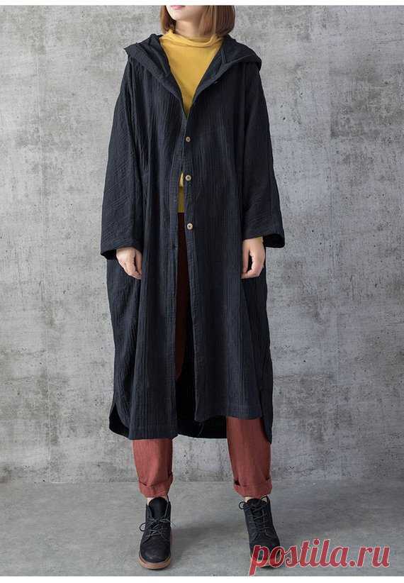 Women Long thin coat, Loose Fitting Blouse for Women, Oversized  hooded coat 【Fabric】 Cotton, linen 【Color】 Red, black, gray 【Size】 Shoulder width is not limited Shoulder + sleeve length 65cm / 25 Bust 122cm/ 48 Length 112cm/ 44  Have any questions please contact me and I will be happy to help you.