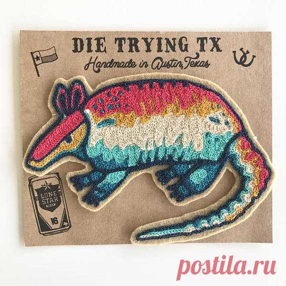 Neon Armadillo Chain-Stitch Embroidered Felt Patch Iron on