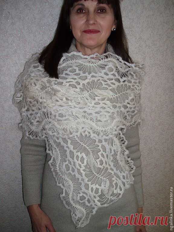 шарф из ангоры Снежинка - белый,однотонный,шарф,шарф женский,шарф вязаный