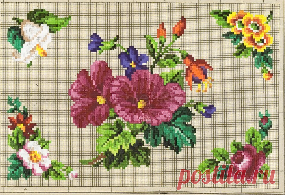 De voorstelling op dit borduurpatroon bestaat uit een boeket roserode, oranje en blauwe bloemen. In de hoeken vier verschillende hoekmotieven met verschillende soorten bloemen, 1845-1869