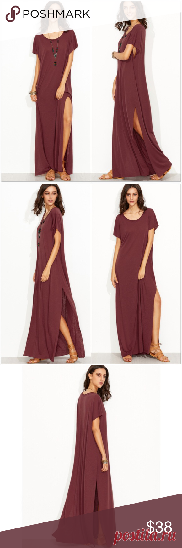 Last OneBurgundy Loose Fit Tee Maxi Dress Burgundy Maxi Dress  •Oversized loose fit •Scoop Neck •Raw cut hemlines •100% Polyester (but feels like a lightweight t-shirt material) •Slightly sheer •Slit up each side  Measurements: X-Small- Bust: 43